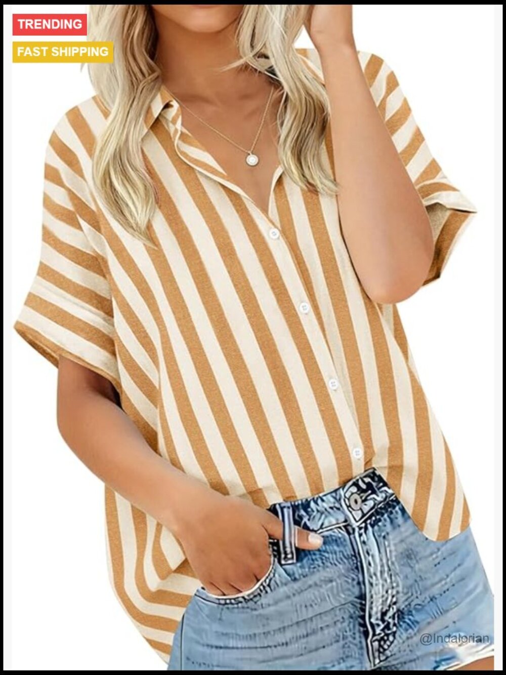 Women's Striped Button Down Shirt Short Sleeve V-Neck Blouse Casual Work Top